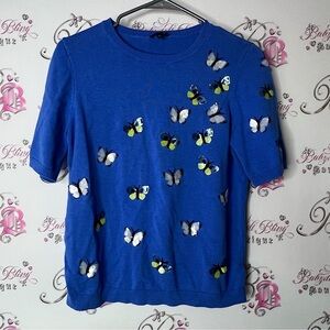 Talbots tshirt sweater Blue Butterfly Shirt sequin embroidered top